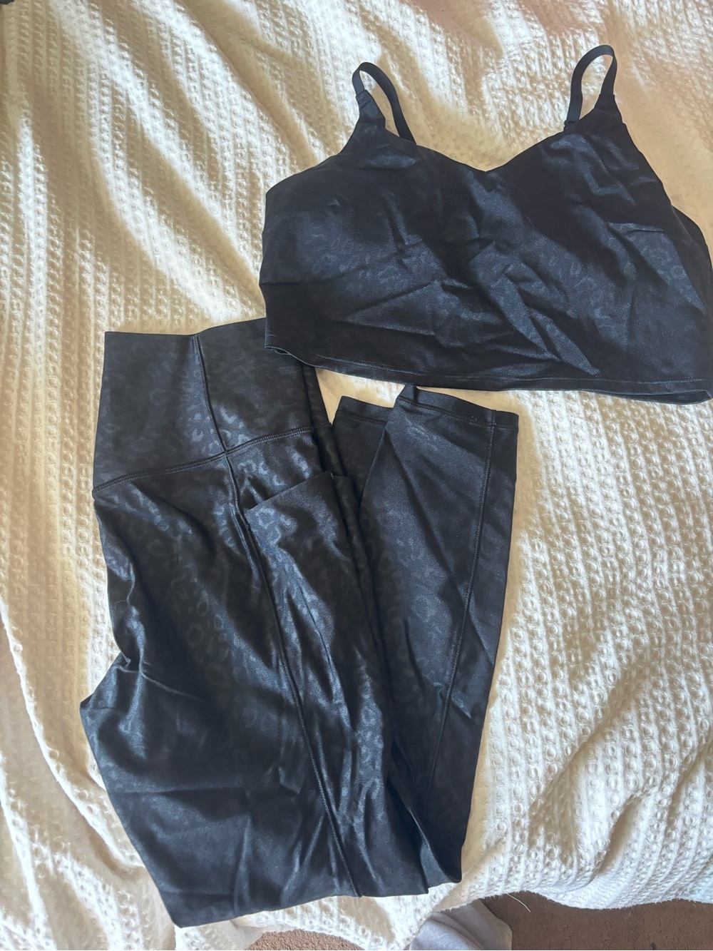 Athleta Black Leopard Print Embossed Leggings with Matching Crop Top